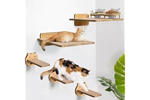 ANRXNCY Cat Wall Shelves, Wood Cat Shelves for Wall with Cat Feeding Station, Cat Wall Furniture with 3 Cat Wall Steps, Cat Shelves and Perches, Wall Mounted Cat Climbing Shelf, Cat Lover Gift, 4 Board