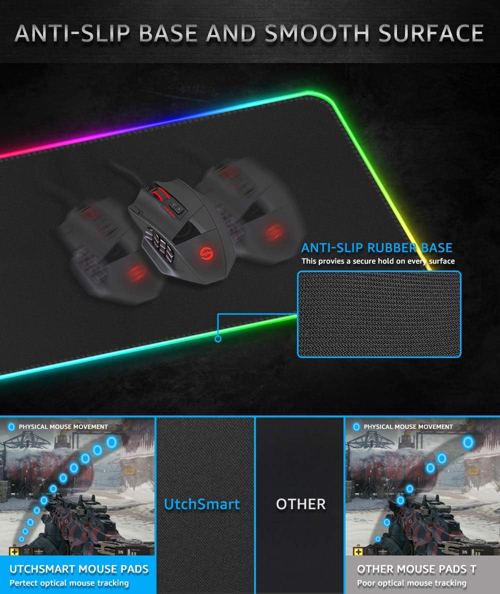 RGB Gaming Mouse Pad, UtechSmart Large Extended Soft Led Mouse Pad with 14 Lighting Modes 2 Brightness Levels, Computer Keyboard Mousepads Mat 800 x 300mm / 31.5×11.8 inches: Electronics