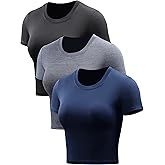 CADMUS Women's Dry Fit Crop Top Yoga Short Sleeve Shirts Crew Neck Athletic Running Tee 3 Pieces