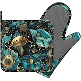 Vintage Flowers and Gold Fish Oven Mitts and Pot Holders Sets Silicone Heat Resistant Kitchen Oven Gloves Pot Holder for Cooking Baking Grilling BBQ
