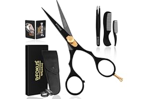 B-FOKUS 5.5” Hair Cutting Scissors for Hair, Mustache & Beard - Black Mustache and Beard Scissors for All Type Facial Hairs, Beard and Mustache Scissors with Pouch, Tweezers, Beard Comb and Mustache Comb.
