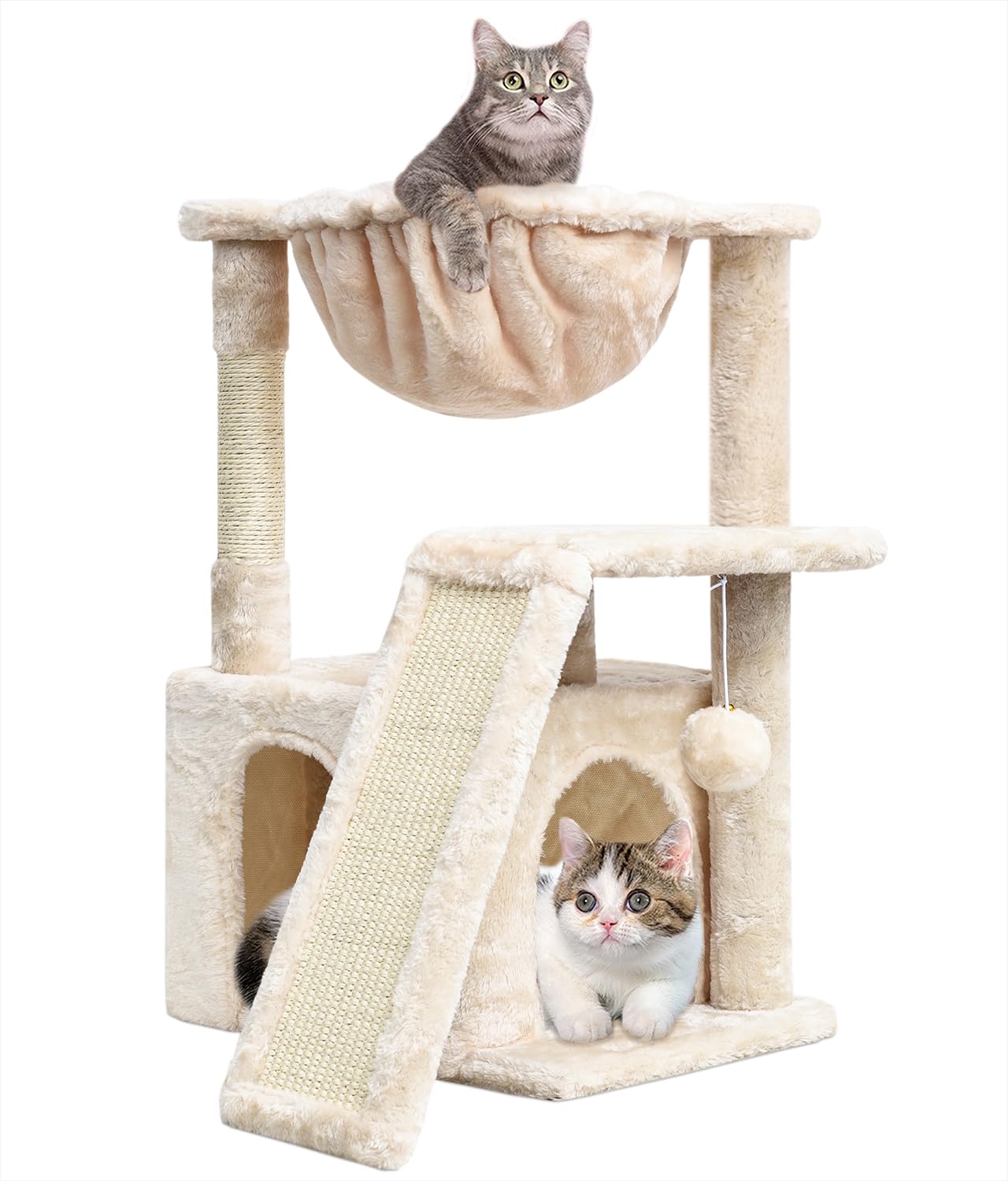 Photo 1 of SYANDLVY Cat Tree for Indoor Cats Large Adults, Modern Activity Tower with Scratching Posts & Board, Condo with Plush Perch, Climbing Stand with Cradle & Hanging Ball for Play, Beige