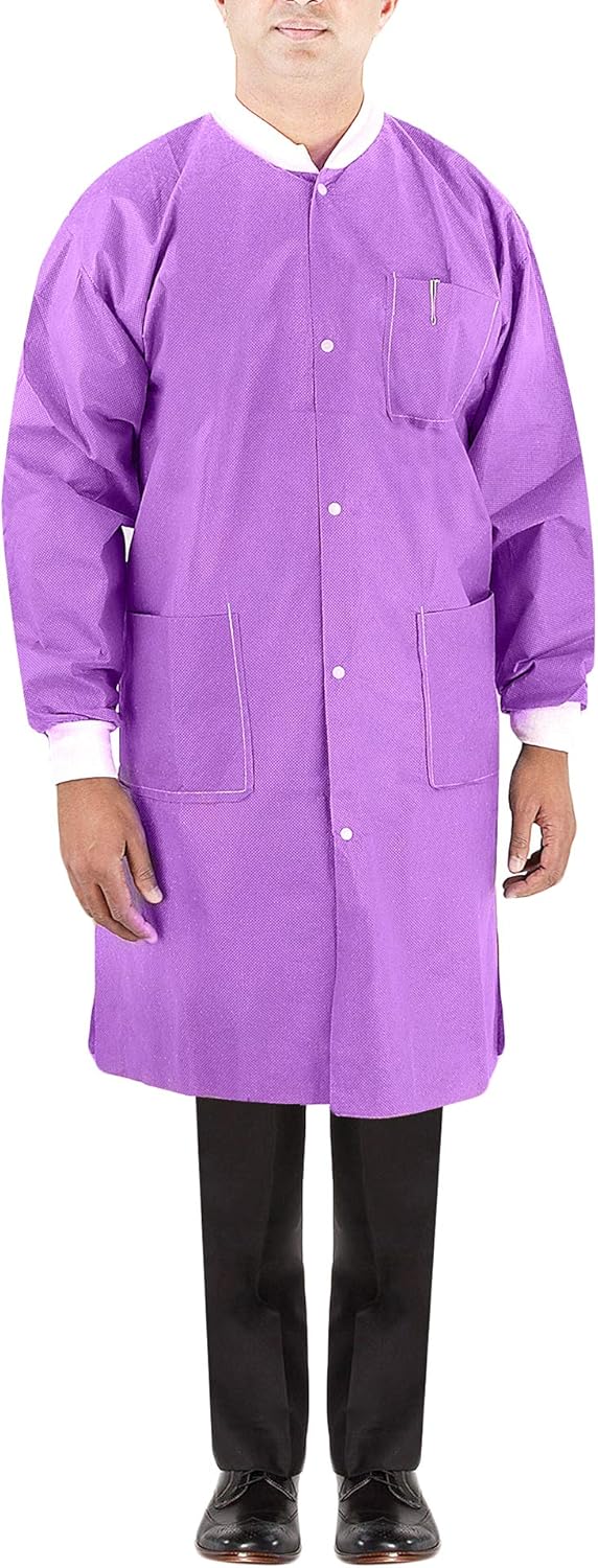 Colored Lab Coats, knit cuffs, fluid resistant, disposable, 3 pockets