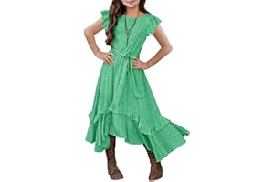 MITILLY Girls Loose Plain 3/4 Sleeve Casual Pocket Ruffle Swing Long Maxi Dress with Belt