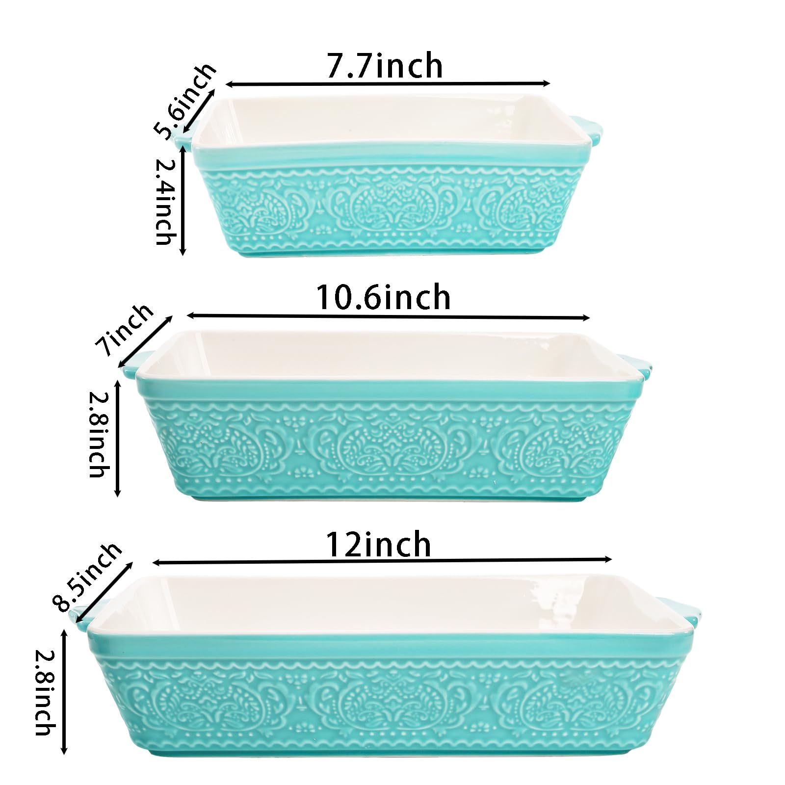 SOUJOY Ceramic Baking Dish Set of 3, Oven-to-Table and Non-Stick Rectangular Casserole Dishes with Sturdy Handles, Space-Saving Stack Lasagna Pan for Cooking, Serving, Roasting, Gifting, Turquoise