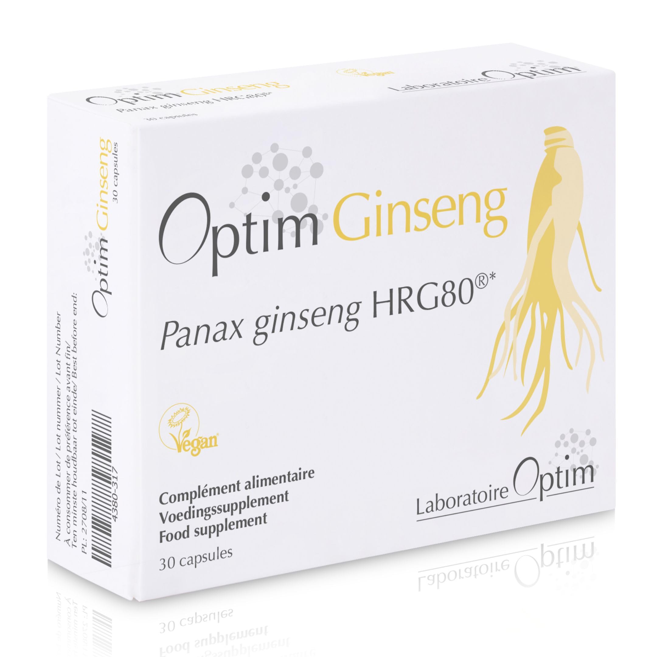 OPTIM Ginseng Red Panax Ginseng High Strength Cultivated in Belgium | Energy Vitality Strength Physical & Mental Performance | 30 Vegan Capsules | Powder - High Dosage