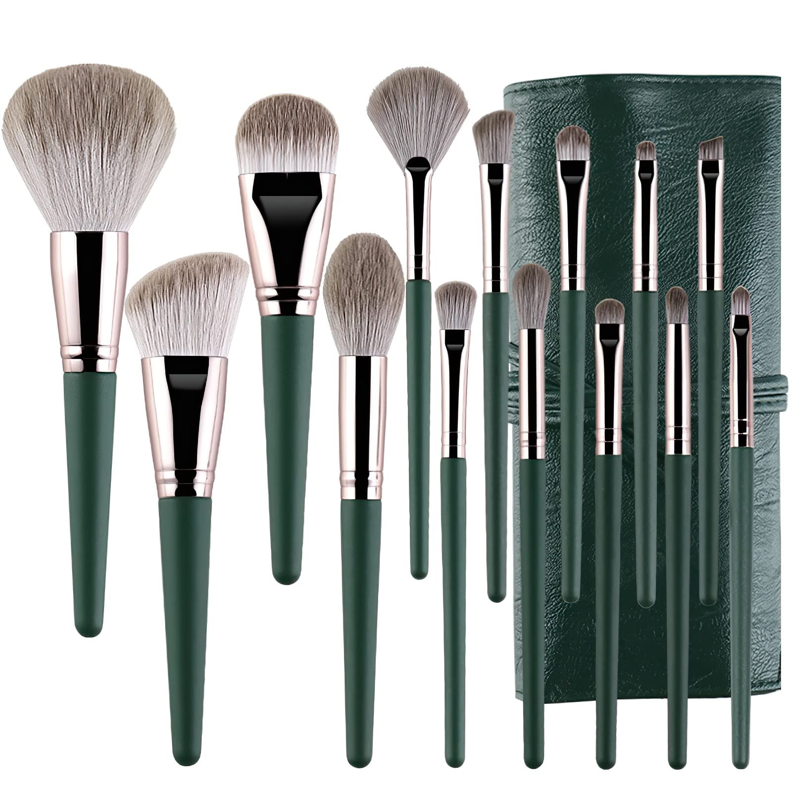 Professional Makeup Brush Set - Foundation, Blush, Eyeshadow, Concealer, Powder, Eyebrow Synthetic Brushes for Face Makeup - 14pcs Green with Cosmetic Bag
