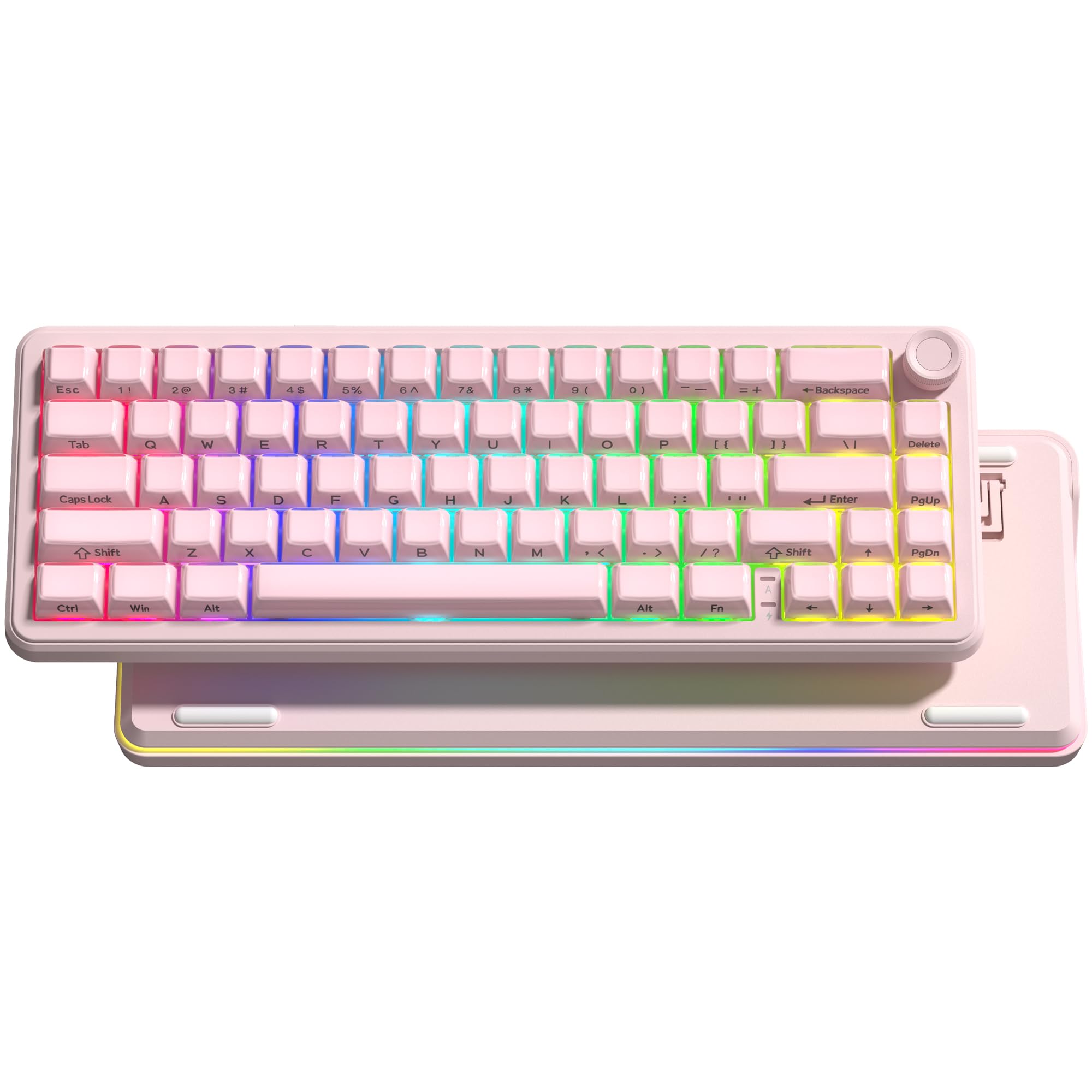 Keymatic 65% Layout Wireless Mechanical Keyboard,Cute Crystal Gaming Keyboard with Knob, Hot Swappable Pre-lubed Switches,Gasket Mounted RGB for Win/Mac,Pink