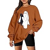 UNIQUEONE Halloween Spooky Season Sweatshirt Women: Oversized Black Cat Ghost Sweatshirts Fall Embroidered Pullover Top