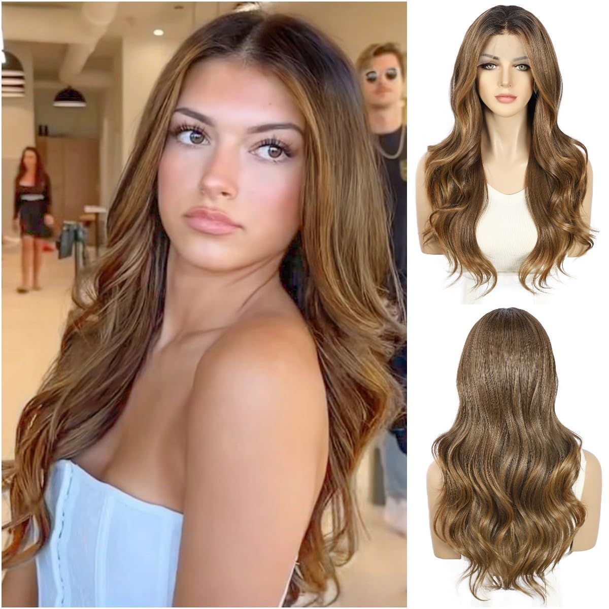 Sapphirewigs Lace Front Wig Honey Brown 13x4 Highlight Synthetic Wigs Body Wave Brown Lace Front Hair Pre-plucked Daily Wear Party Date Christmas 22 inch