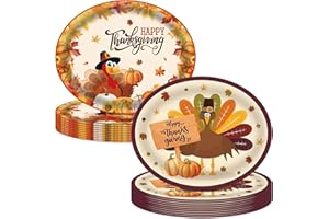 Funhax 50Pcs Thanksgiving Oval Paper Plates Fall Leaf Pumpkin Turkey Orange Harvest Theme Dinner Plate 10" x 12.5" Large Disposable Dinner Serving Party Platters Heavy Duty, Autumn Fall Supply Decor