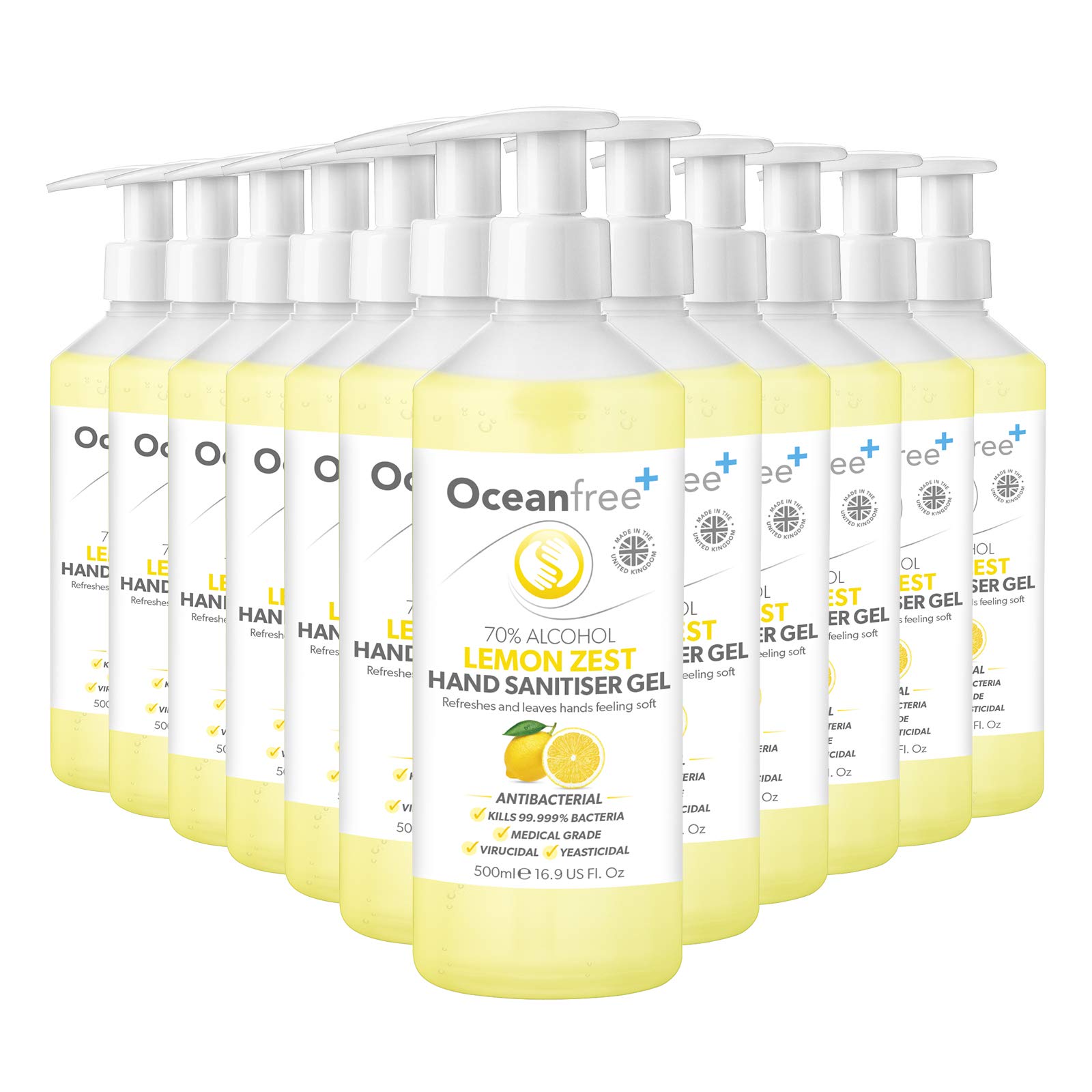 Lemon Zest Hand Sanitiser Gel - 500ml Pump Bottle - 70% Alcohol - Made in the UK (Pack of 12)