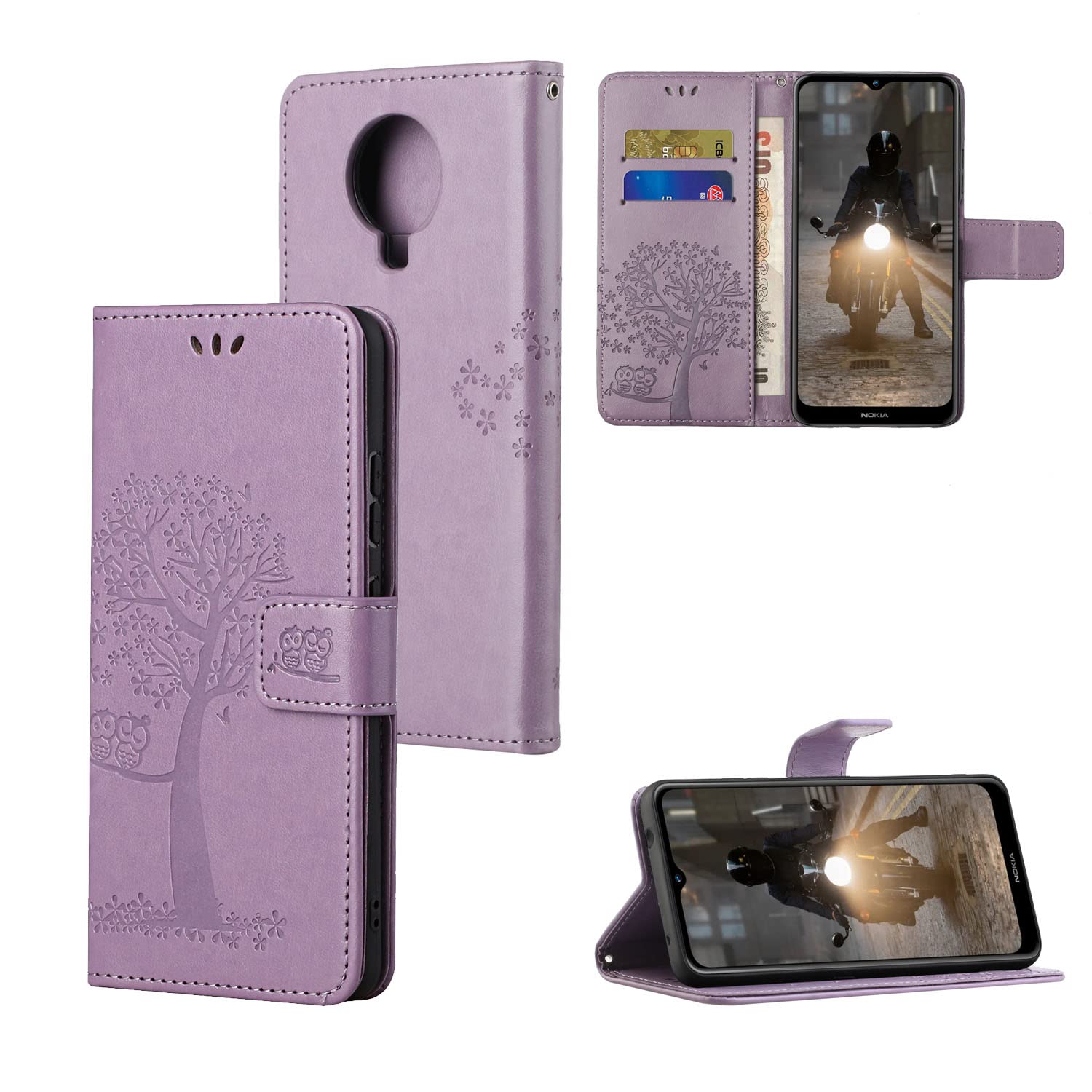JOMA-E Shop Nokia G10 Case, Embossed Tree Couple Owl Pattern PU Leather Wallet Stand Flip Case for Nokia G20/G10 6.52’’ (Nokia G10/G20, Purple)