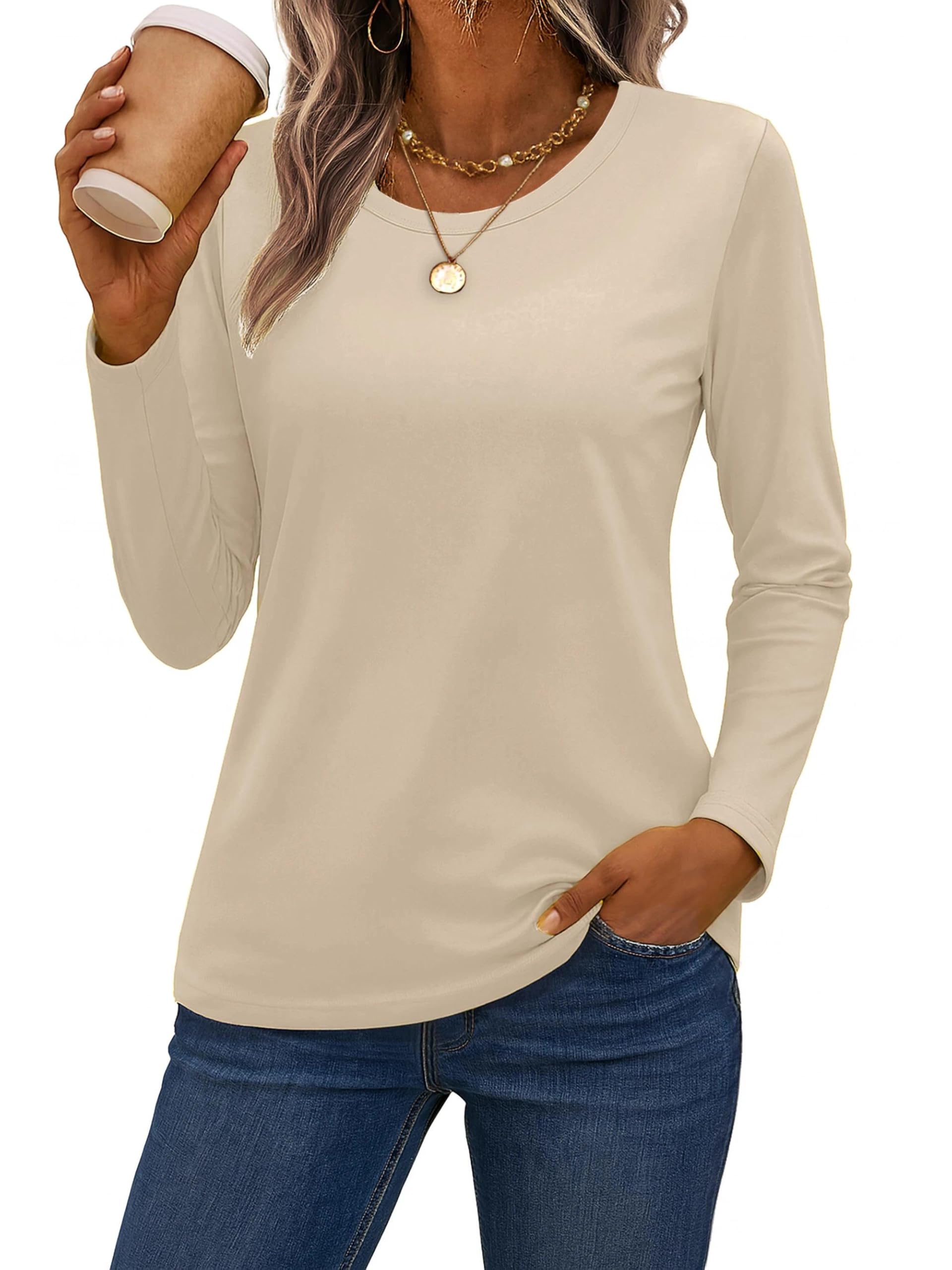 Photo 1 of SMENG Ladies Cotton Tee Shirt Long Sleeve Shirt Crew Neck T Shirts Casual Tops Lightweight Shirts Light Apricot L