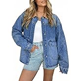 EVALESS Women's Oversized Jean Jacket Button Down Contrast Trim Barn Jackets Trendy Boyfriend Denim Jacket With Pockets