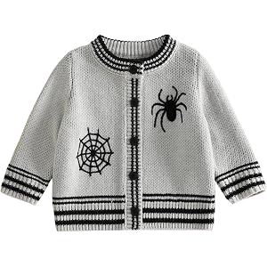 MOLZULAMS Toddler Baby Halloween Outfit Spider Pumpkin Sweater Cardigan | 0-5y Fall Winter Pumpkin or Spider Knit Cardigan wi