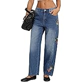Kedera Mid Rise Barrel Jeans for Women Embroidered Wide Leg Denim Pants Boyfriend Baggy Jeans with Pockets 2025