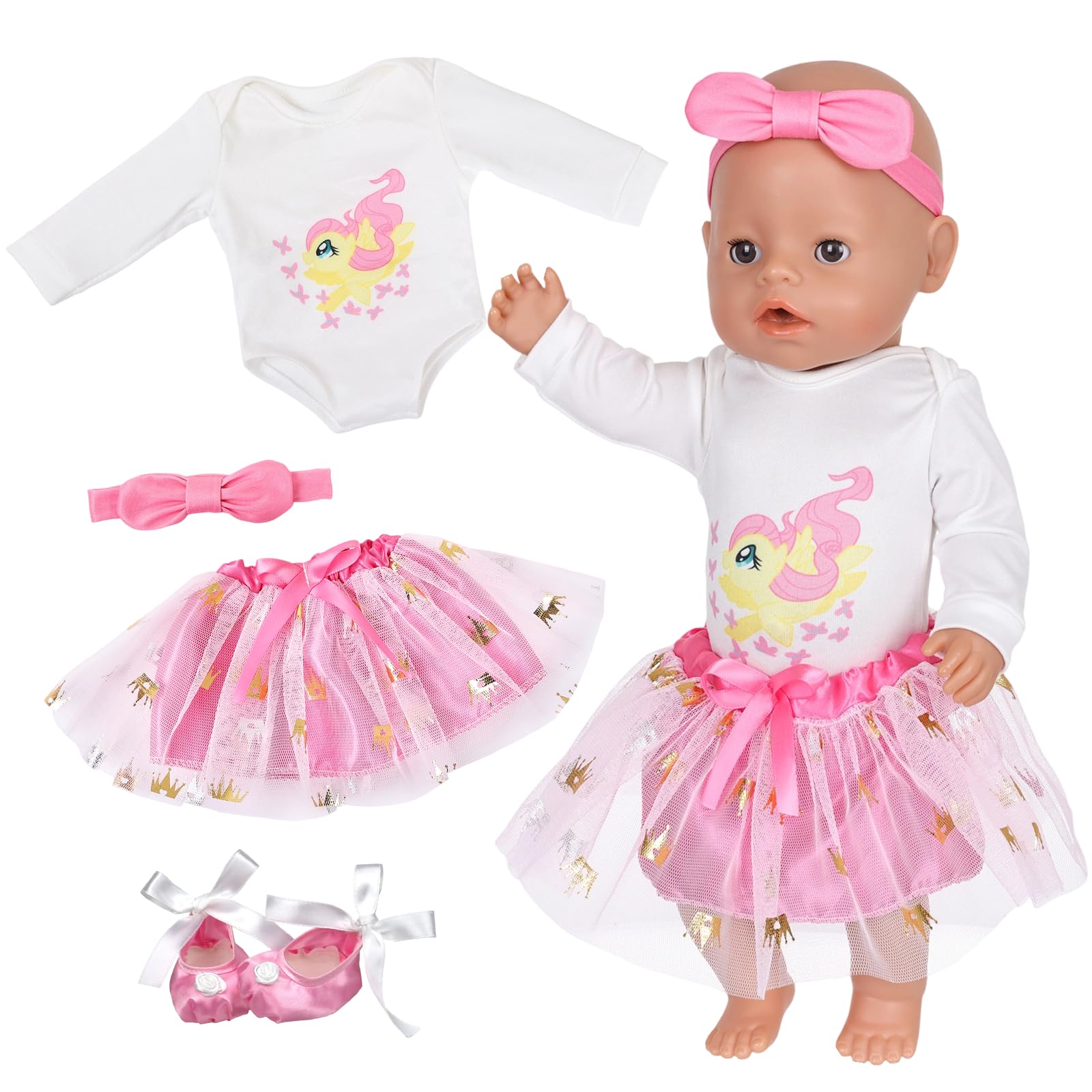 4 Pcs Pink Baby Doll Clothes for 14-18 Inch Baby Dolls，Pony Print Top Tulle Skirt Hairband Ballet Shoes 36-45cm Newborn Baby Doll Accessories Set Sweet Baby Doll Clothing for Kids Birthday Gift