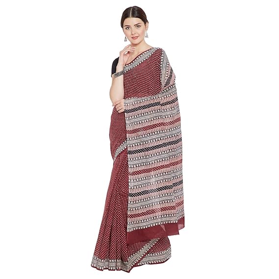 Finest Quality Cotton - Handmade Jawariya print Red and Black - Block Print Saree with Blouse Piece BAPASA0070