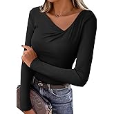 EVALESS Women's Long Sleeve Asymmetrical Neck Ruched Slim Fit Shirts 2026 Spring Fashion Casual Tee Going Out Tops