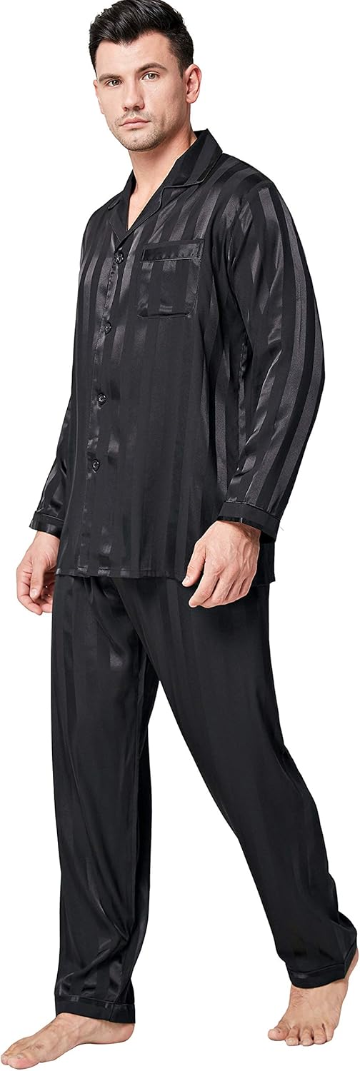 Lonxu Pajamas Set Mens Silk Satin Pajamas Long Sleeve Loungewear Two-Piece Sleepwear Button-Down Pj Set S-XXXXL at  Men’s Clothing store