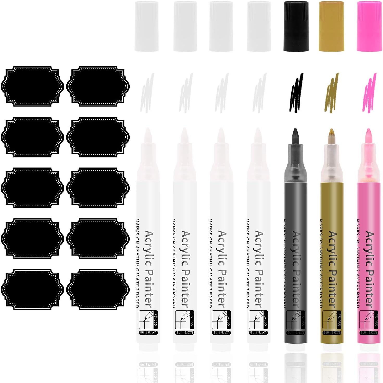 Rancco Paint Pens Acrylic Marker, 7 Pc 0.7mm Acrylic Permanent Marker for Rock Painting, Metal, Glass, Wood, Fabric, Canvas, Extra Fine Tip, Water Based, Quick-Dry Art Paint Pen(White,Black,Pink,Gold)