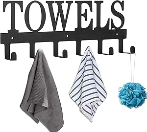 Towel Racks Bathroom Towel Holder 6 Hooks Black Metal Wall Mounted Rustproof and Waterproof Door Hooks for Bathroom Towels-Robes Coats Keys, Kitchen Storage Organizer, Outdoor Pool Towel Hooks