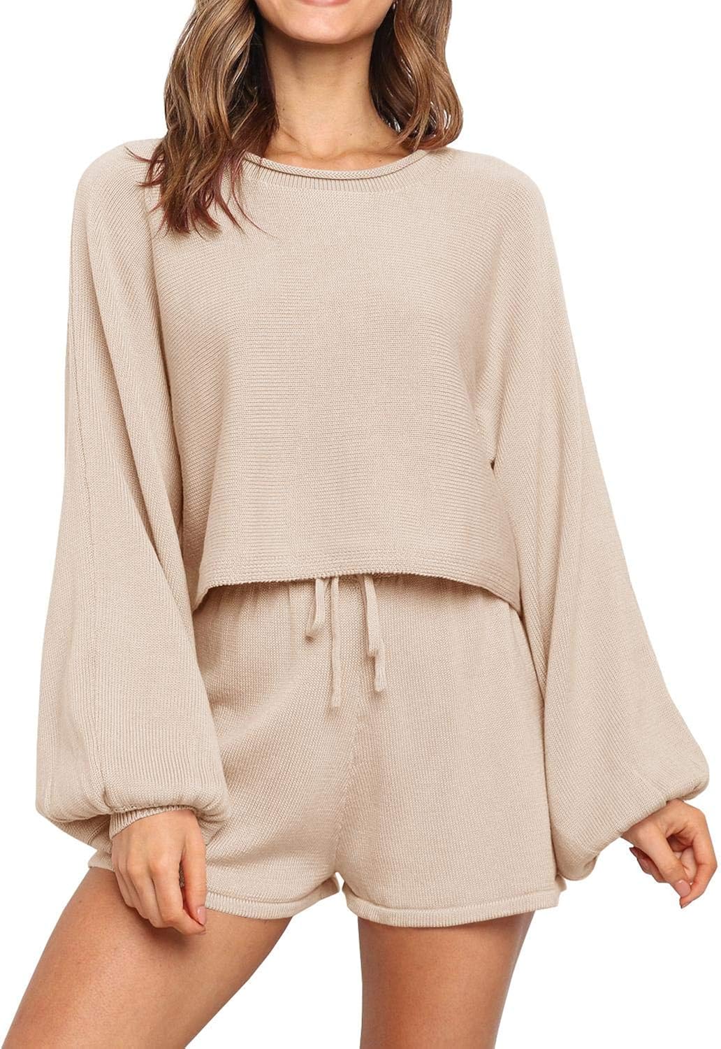 Fisace Womens 2 Piece Knit Sweater High Waist Shorts Outfit Suits Puff Sleeves Round Neck Soft Set At Amazon Women S Clothing Store