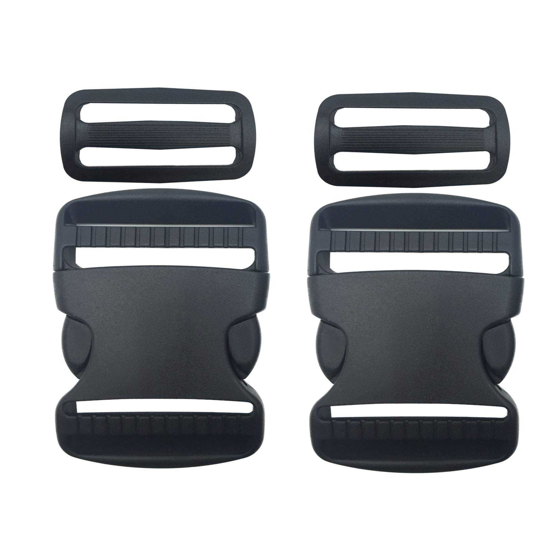 2 Set 2 Inch Flat Dual Adjustable Plastic Quick Side Release Plastic Buckles and Tri-glide Slides for Luggage Straps Pet Collar Backpack Repairing (Black, Fit For 2”/50mm Webbing Straps)