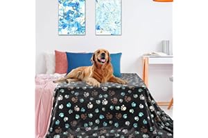 REZUTAN Dog Blanket for Large Dogs, Cat Flannel Washable Soft Pet Mat Throw Cover for Kennel Crate Bed, Cute Paw Pattern, Grey, 80x60 Inch