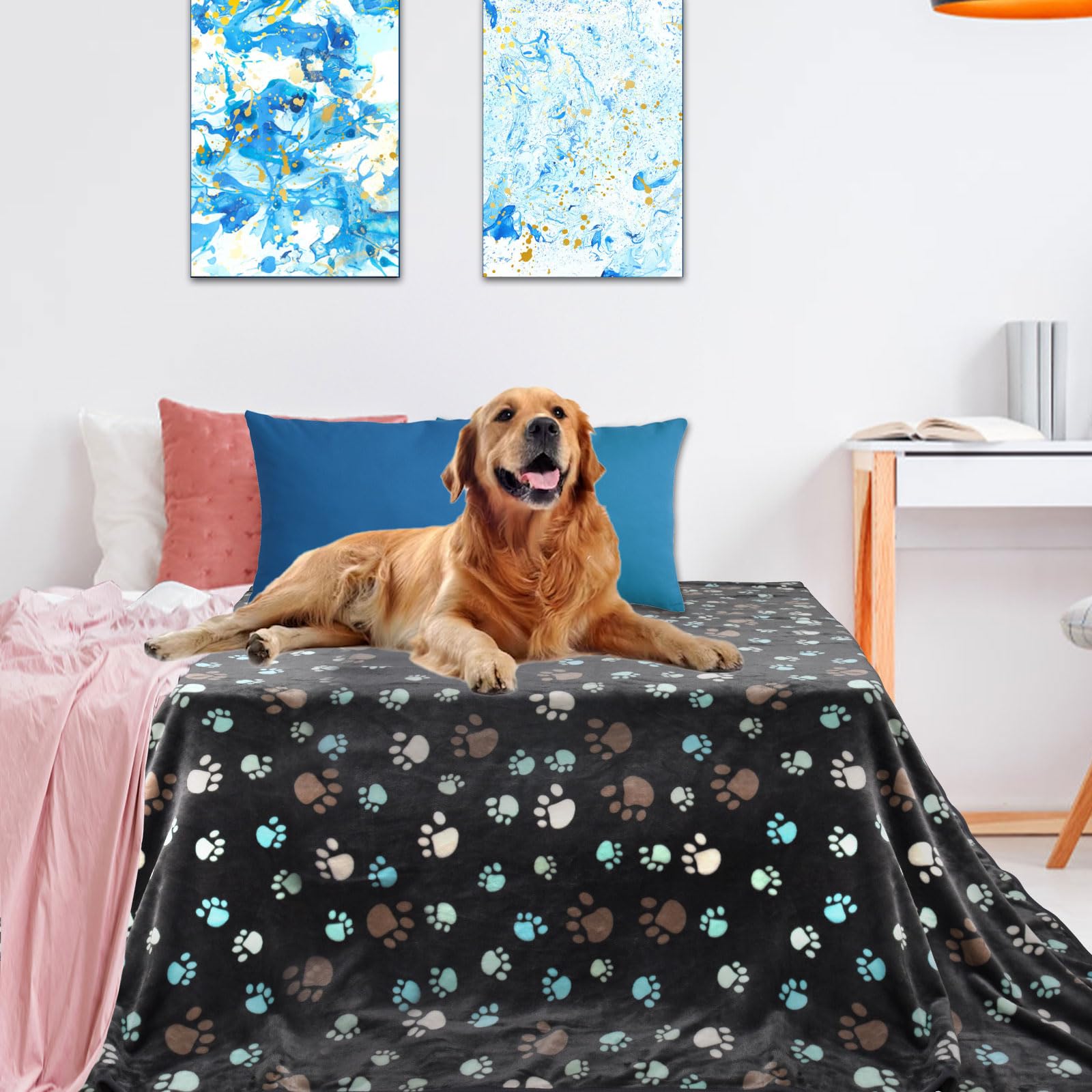 Photo 1 of Dog Blanket for Large Dogs, Cat Flannel Washable Soft Pet Mat Throw Cover for Kennel Crate Bed, Cute Paw Pattern, Grey, 80x60 Inch