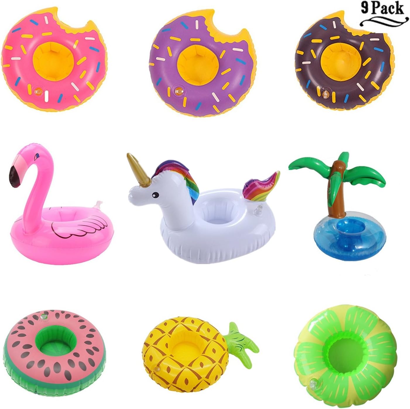 Aufblasbare Getränkehalter,Legends Einhorn Flamingo Palm Island Krapfen Frucht Cartoon Aufblasbares Flaschenhalter Badespielzeug Pool Untersetzer für Bier Getränke Saft (9 Stück-Mehrfarbig)