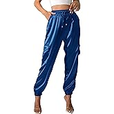 Women's Satin Cargo Joggers Pants Dressy Casual Silky Elastic High Waist Trousers