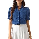 Allegra K Summer Tops for Women's Dressy Short Sleeve V Neck Buttons Hollow Out Embroidered Blouses Shirts