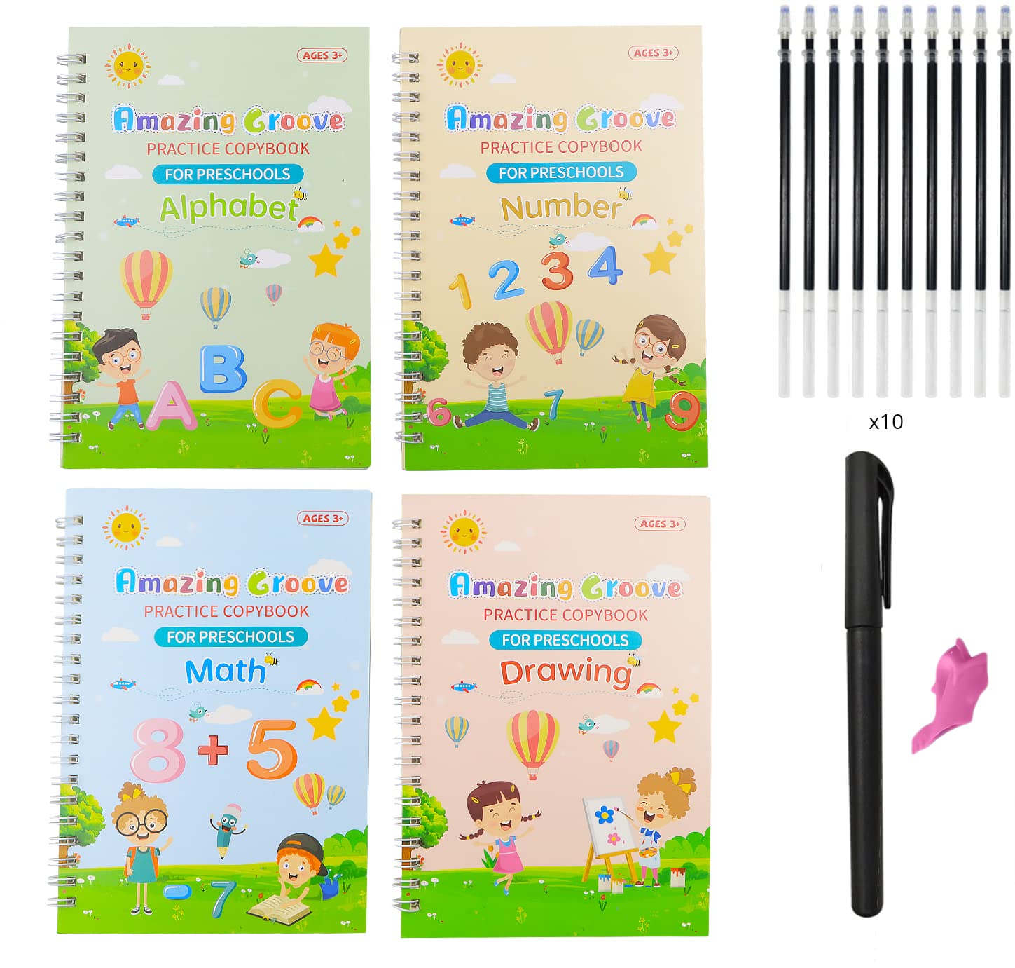 AOKUY Grooved Handwriting Book Practice,Reusable Writing Practice Book for Kids,Caligraphy Beginners Set with 4 Books,10 Pen Refills,1 Pens,1 Aid Pen Grips.