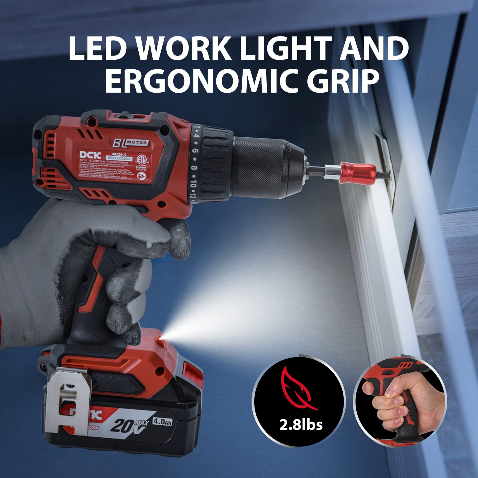 DCK Brushless Cordless Drill Set, 20V Max Electric Drill with 4.0Ah Battery 531in.lbs, 1/2Inch Keyless All-Metal Chuck, 2 Variable Speeds, Power Drill Kit for Screw Wood/Ceramic/Tile/Steel KDJZ04-13