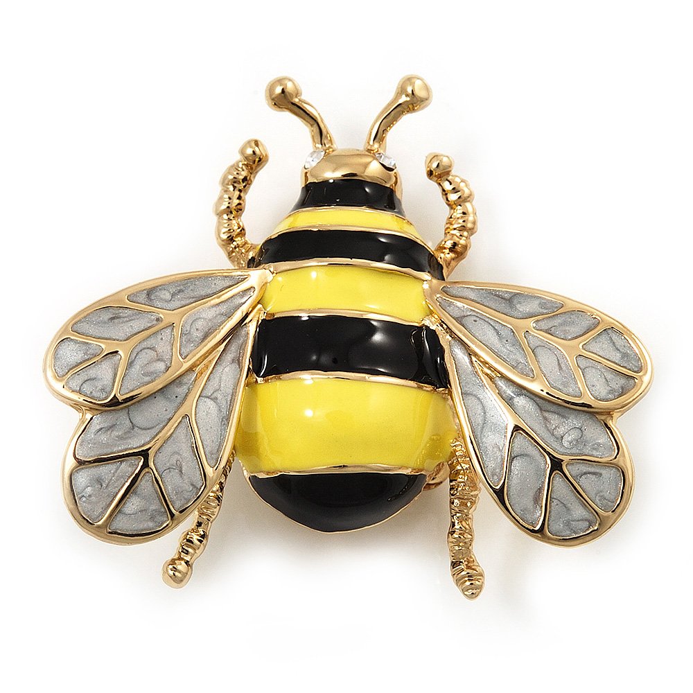 Yellow/Black Enamel Bee Brooch In Gold Plated Metal - 4cm Length