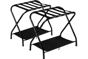 Heybly Luggage Rack, Pack of 2, Steel Folding Suitcase Stand with Storage Shelf for Guest Room Bedroom Hotel, Black HLR002B2
