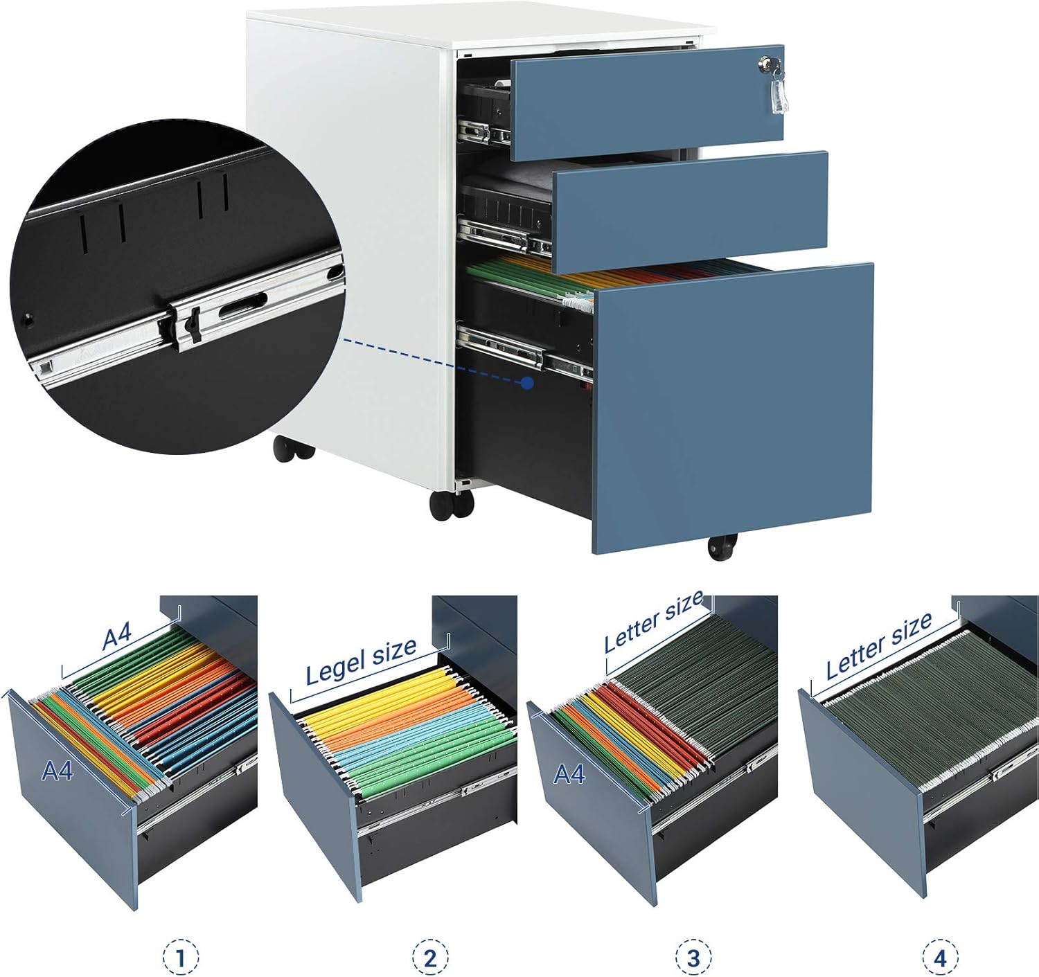 For Documents White And Blue Ofc60wb Songmics Mobile File Cabinet With 3 Drawers Lockable Steel Pedestal With Hanging File Rails Pre Assembled Stationery 52 X 39 X 60 Cm Mobile File Cabinets