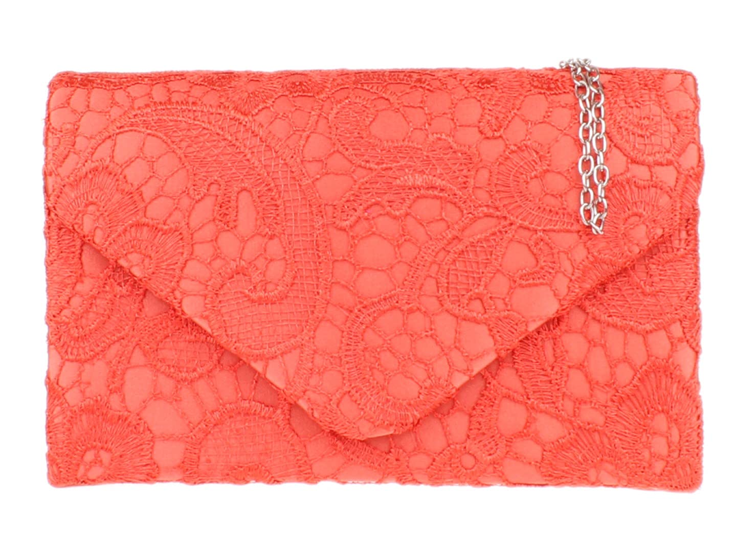 Girly Handbags Womens Satin Lace Clutch Bag Envelope Evening Bag Purse Floral Wedding Handbag - Coral
