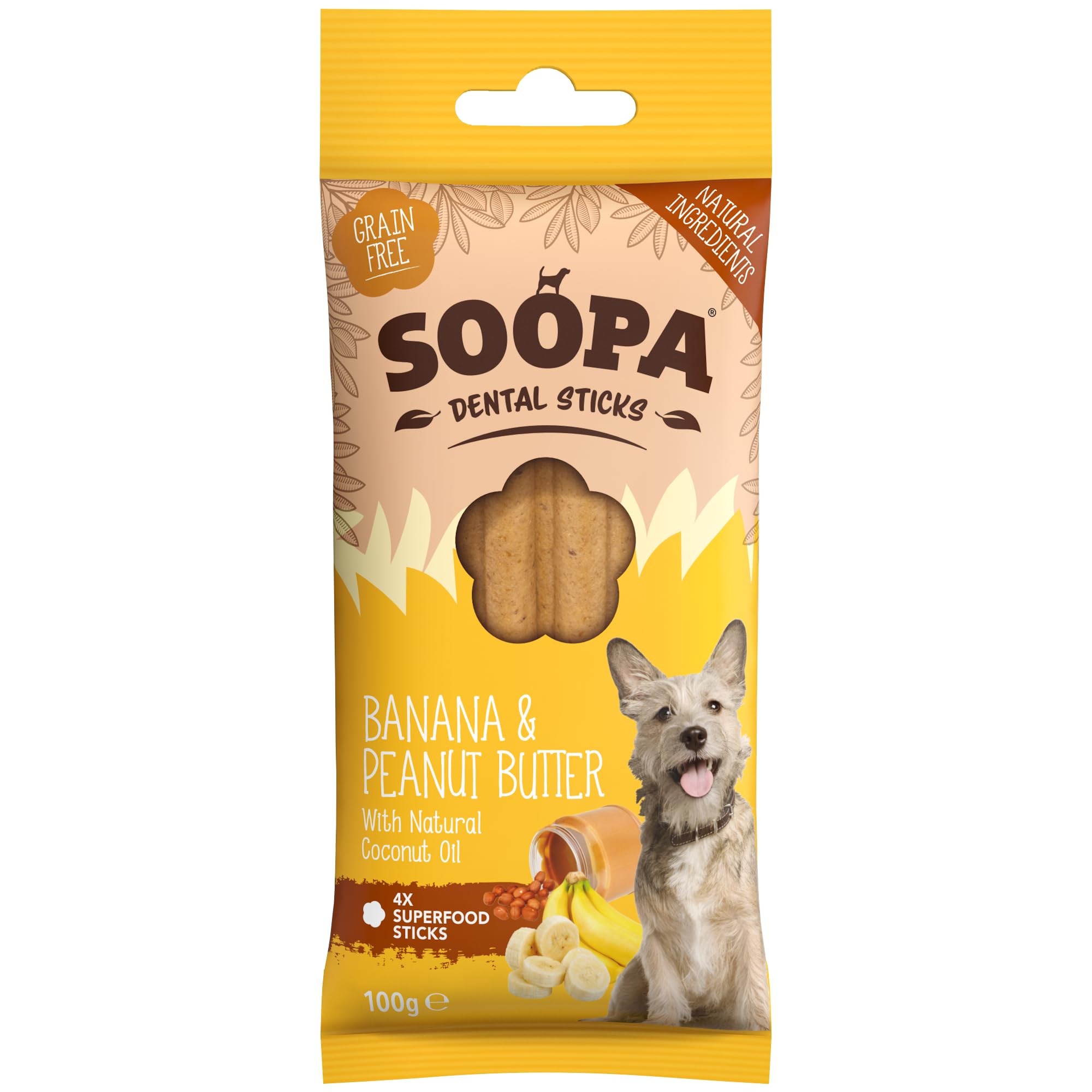 Soopa Grain Free Banana and Peanut Butter Dental Dog Treats, 4 Sticks