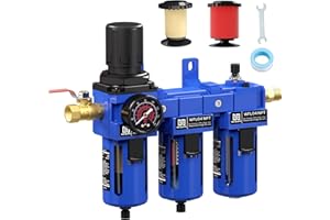 NEWPO 1/2'' NPT Compressed Air Filter Regulator Lubricator Combo with Pressure Gauge,Brass Filter and Coalescing Filter,Semi-Auto Drain, Metal Bracket-Blue