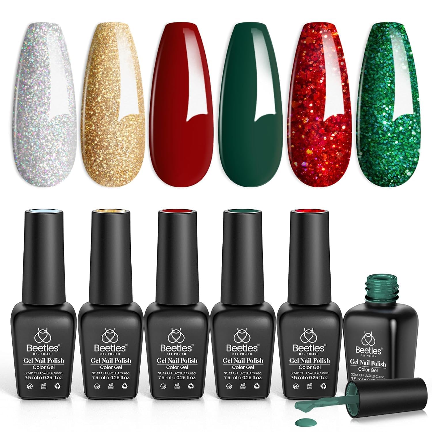 Beetles Christmas Gel Nail Polish Set, Glitter Green Red Gold Silver Dark Dark Red Gel Polish Set Soak Off UV Nail Lamp LED Cured Nail Art Design Gel Nail Kit Christmas Gifts for Women