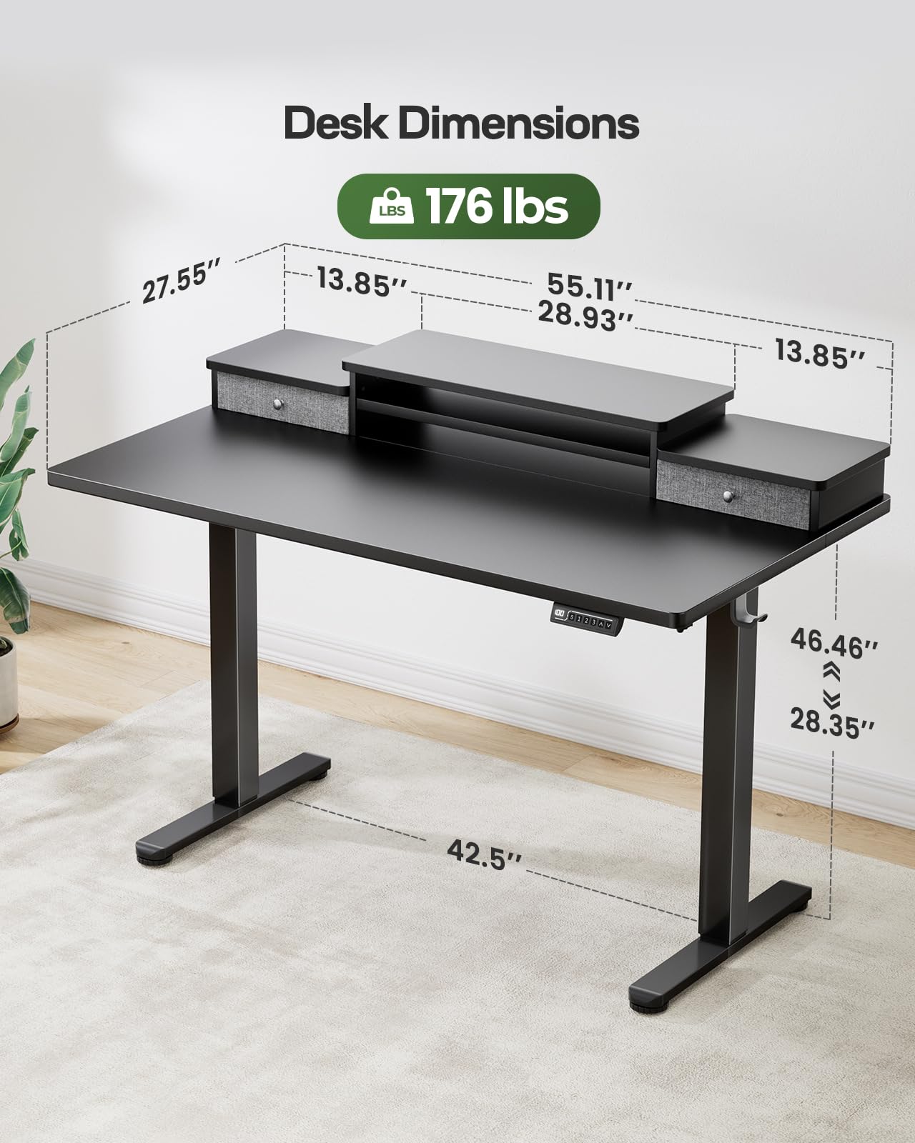 Marsail Standing Desk Adjustable Height, 55x28 Inch Electric Standing Desk with Double Drawer,Sit Stand Desk Ergonomic Workstation for Home Office Sturdy Workstation Computer Gaming Desk