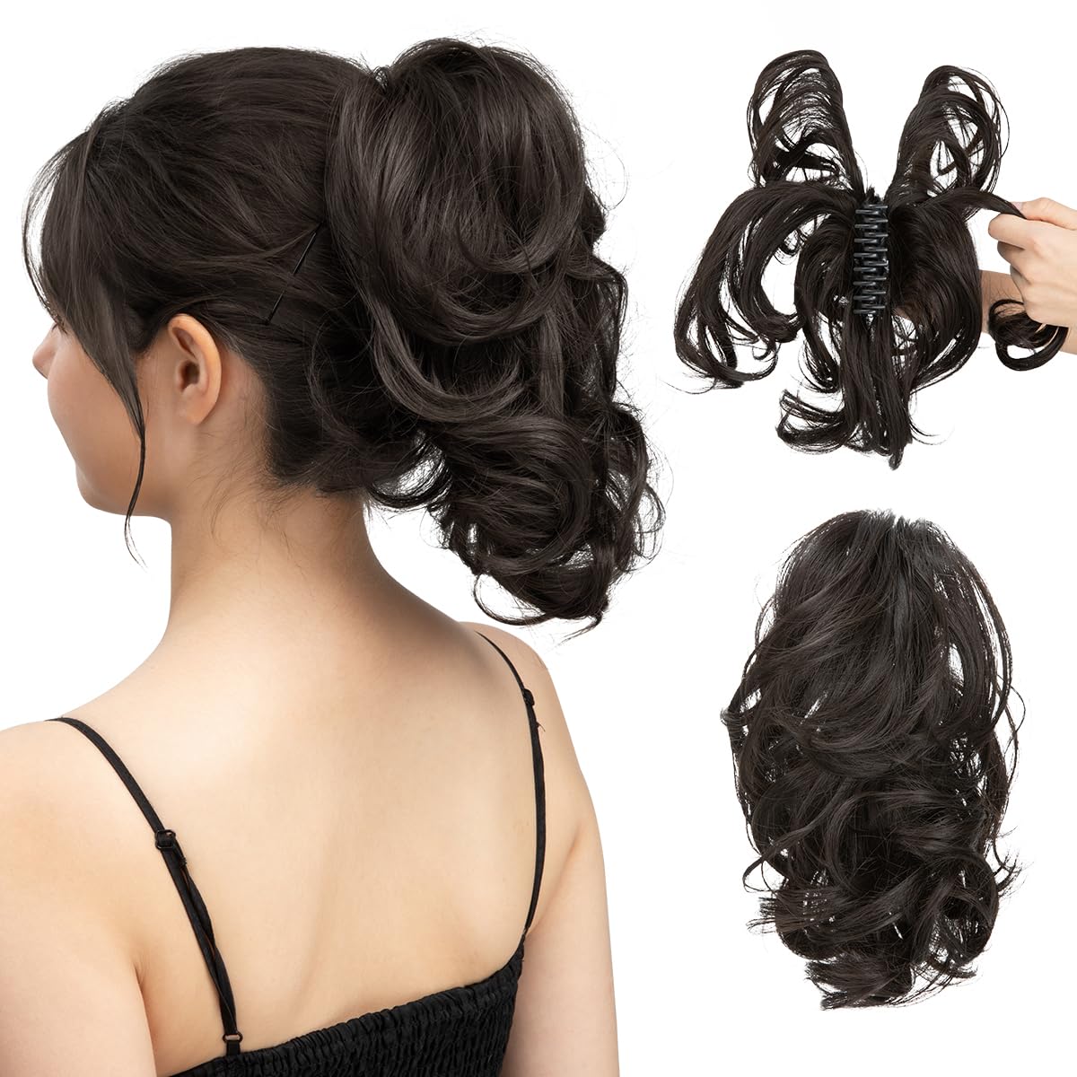 CJL HAIR Claw Clip Short Ponytail Hair Extensions DIY Bendable Metals Messy Bun Hair Piece for Wonen Wavy Curly Synthetic Fake Hairpieces Black Brown