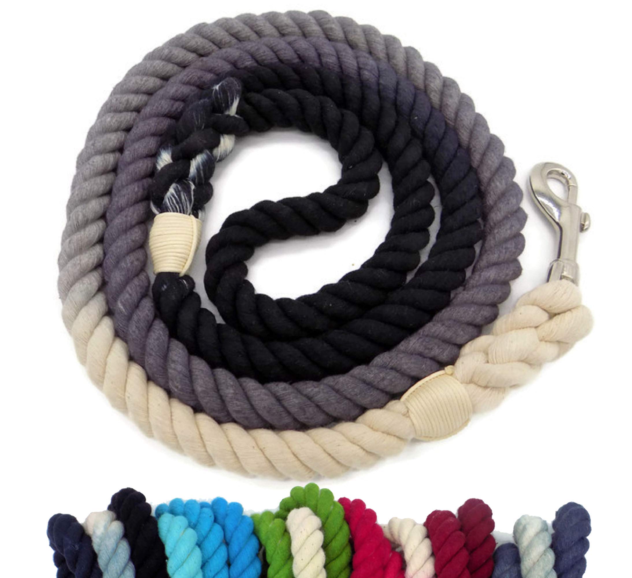 Sier 5ft Ombre Rope Dog Leash Braided Cotton Heavy Duty Strong Durable Multi-Colored (Black Grey) — image 1