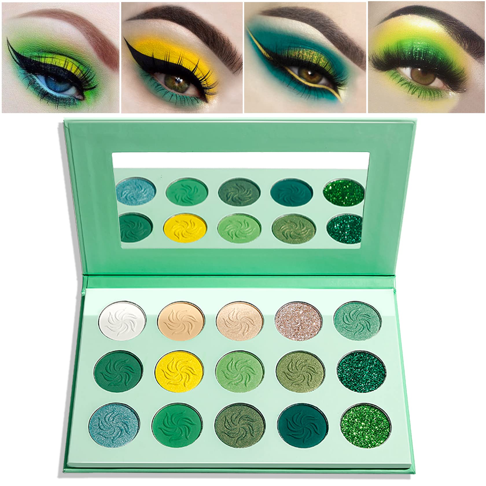 Green Eyeshadow Palette，QIUFSSE 15 Colors Eye Shadow Pallete Sets Highly Pigmented Matte Glitter Colorful Long Lasting Blendable Forest Emerald Green Yellow Makeup Pallet for Women Christmas Halloween