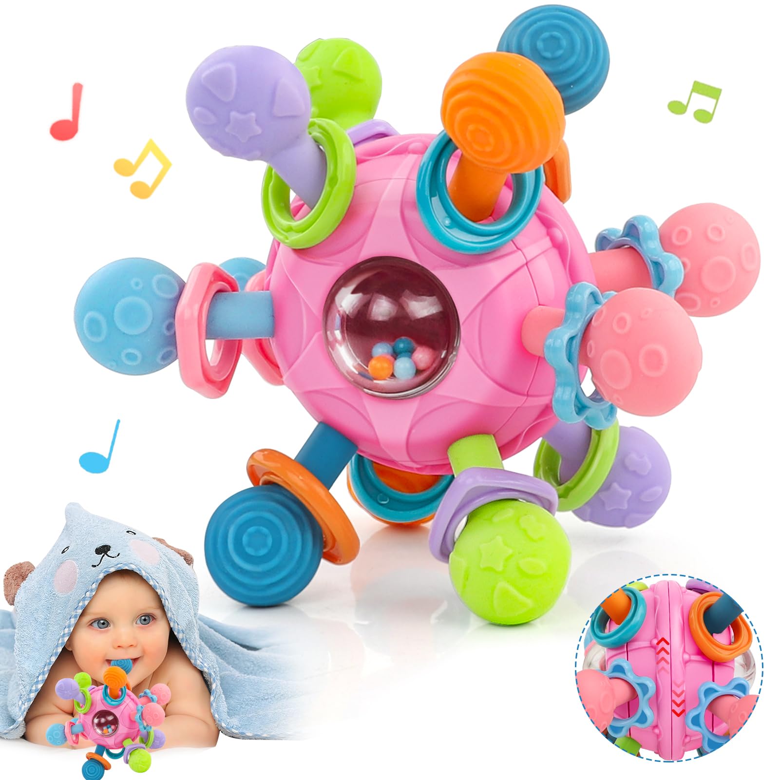 Baby Toys 0-6 Months Sensory Montessori Toys for Babies 6-12 Months Baby Rattle Teether Toy Shaker Grab Spin Newborn Toy Gift for 8 9 Month Babies Toddler Boys Girls Christmas(Pink)