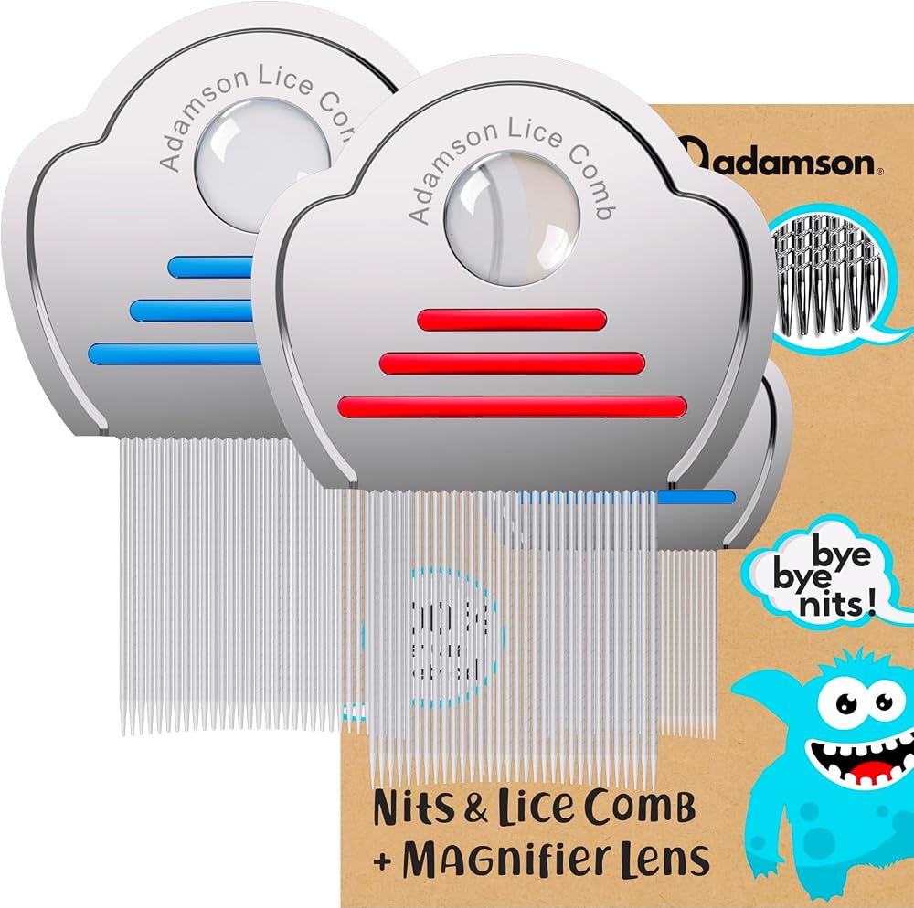 Adamson Lice Comb with Magnifying Glass 2 Pack Stainless Steel Red Blue