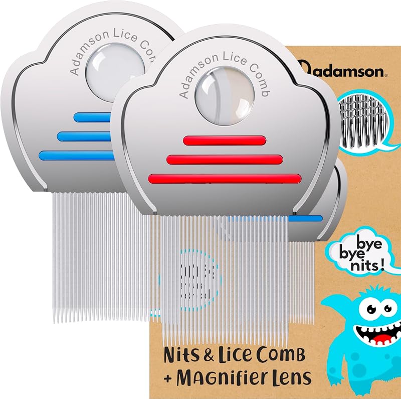 Adamson Lice Comb with Magnifying Glass 2 Pack Stainless Steel Red Blue